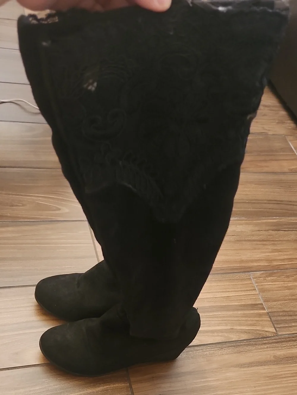 Black Lace-Trim Over-the-Knee Wedge Boots - Women